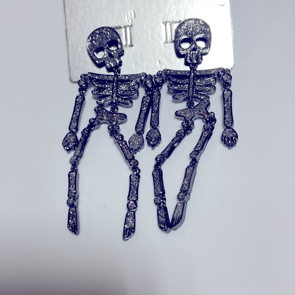 NEW BaubleBar Halloween skeleton holiday fall 3D drop earrings shimmery silver